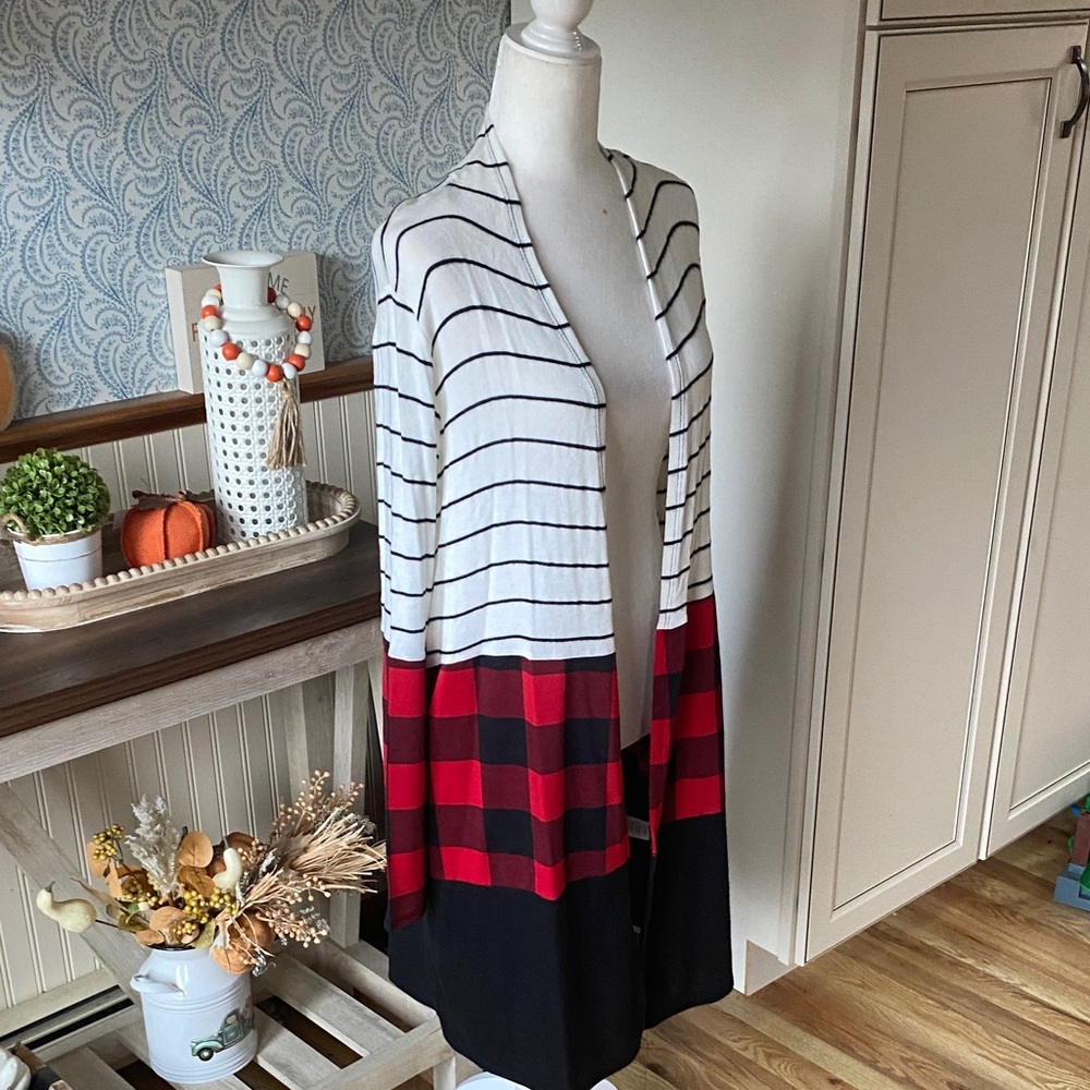 Striped and Plaid Open Cardigan with pockets